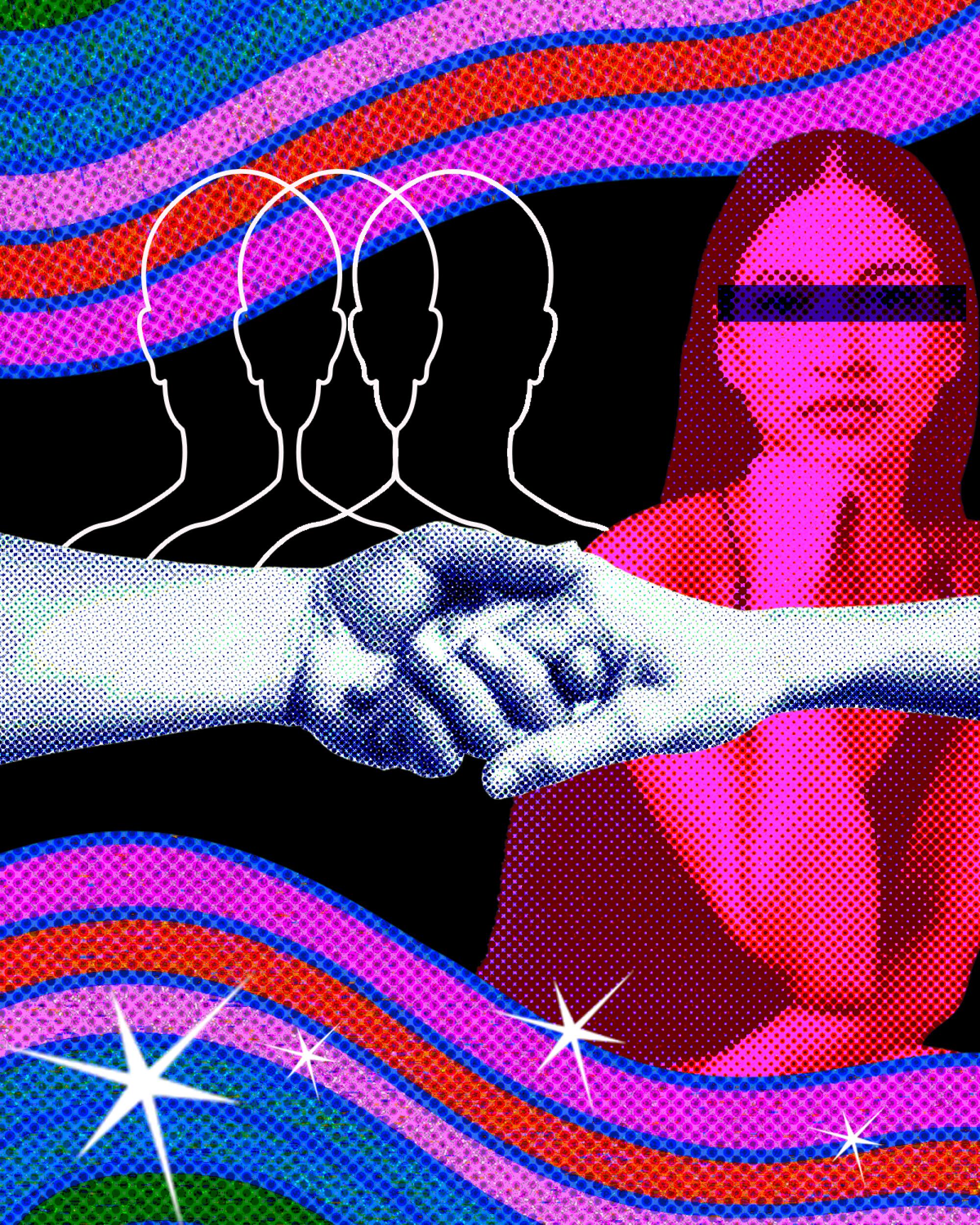 A multicolored photo illustration of holding hands, overlapping outlines of heads, and a woman with a black bar over her eyes