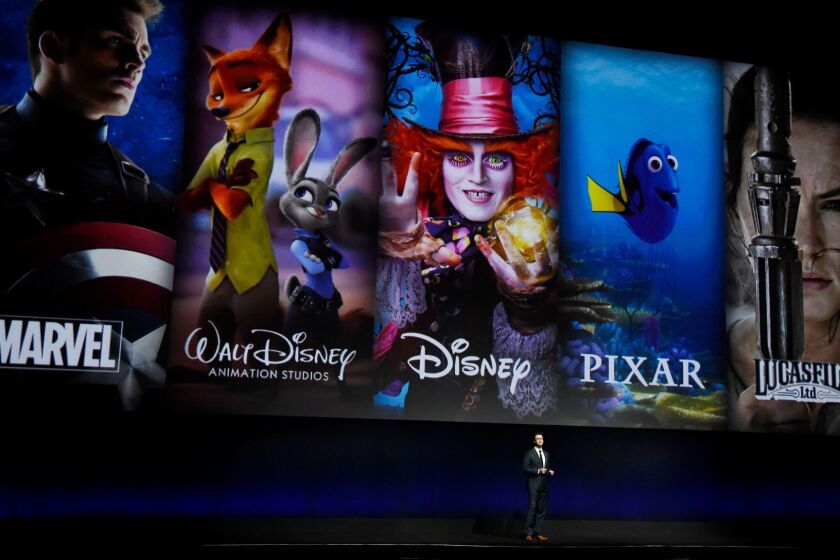 Dave Hollis, executive vice president of theatrical distribution for Walt Disney Studios Motion Pictures, discusses the studio's film brands during their presentation at CinemaCon 2016, the official convention of the National Association of Theatre Owners (NATO), at Caesars Palace on Wednesday, April 13, 2016, in Las Vegas. (Photo by Chris Pizzello/Invision/AP)