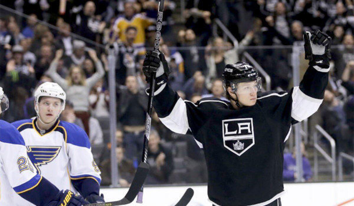 Center Tyler Toffoli celebrates after scoring a goal against the St. Louis Blues during the Kings' 3-2 win Monday at Staples Center.