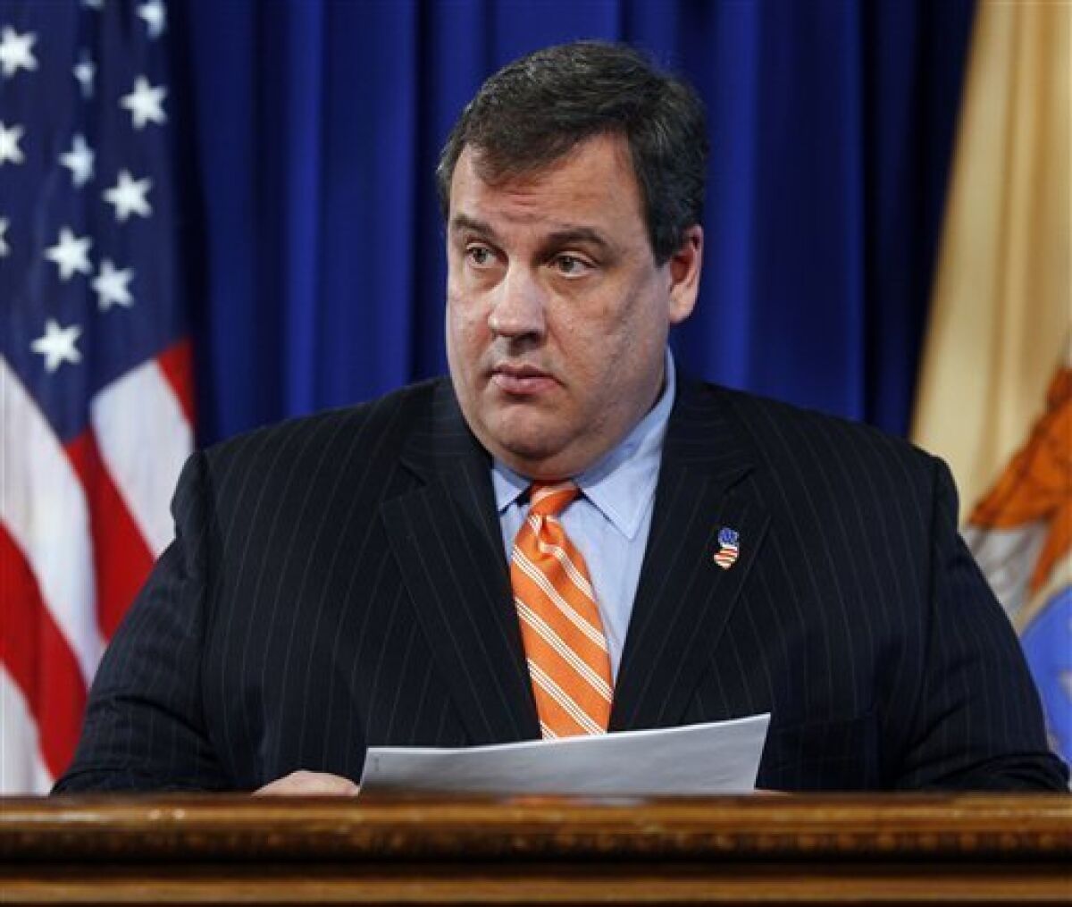 New Jersey Gov. Chris Christie listens to a question in his outer office at the Statehouse Thursday, March 3, 2011, in Trenton, N.J. Earlier Thursday, Christie vetoed a bill that would have made New Jersey the first state in the nation to legalize Internet gambling. At a news conference before the decision was announced, Christie said he was wrestling with "legal and constitutional concerns." (AP Photo/Mel Evans)