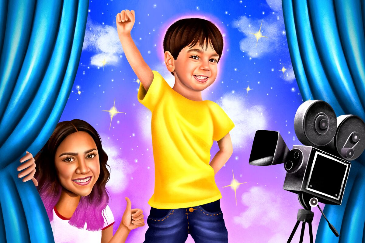 Illustration of a child actor posing with their parent giving a thumbs up behind them.