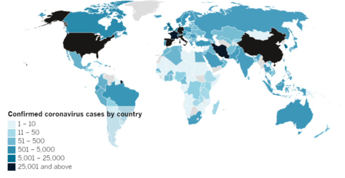 Confirmed COVID-19 cases by country as of 8 p.m. Wednesday, March 25.