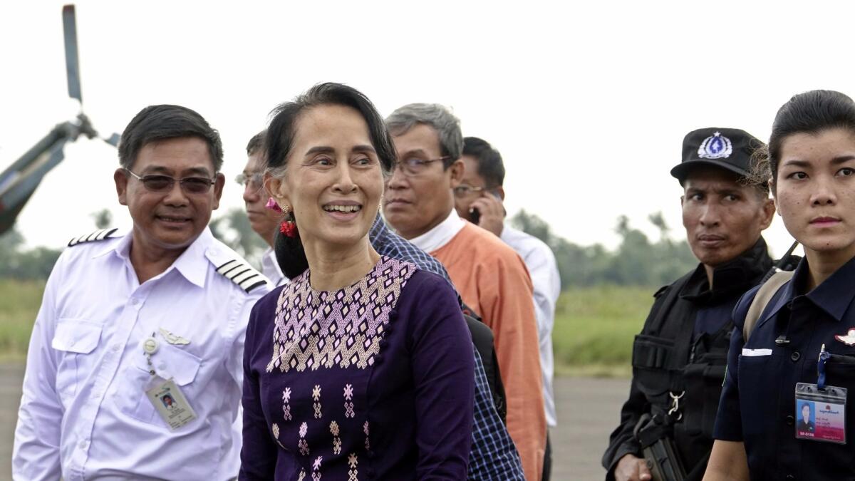 Myanmar leader Aung San Suu Kyi arrives Nov. 2 at the airport in Sittwe after visiting Maungdaw, northern Rakhine state.