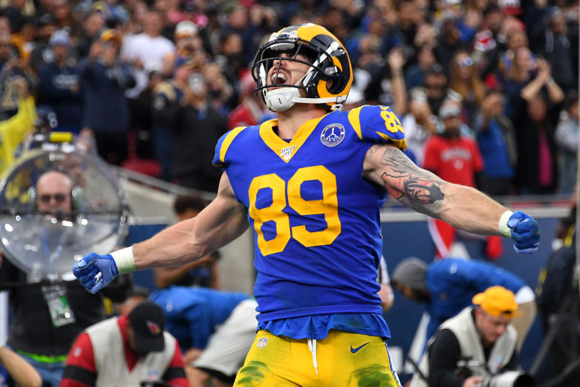 LOS ANGELES, CA - DECEMBER 29: Tight end Tyler Higbee #89 of the Los Angeles Rams celebrates.