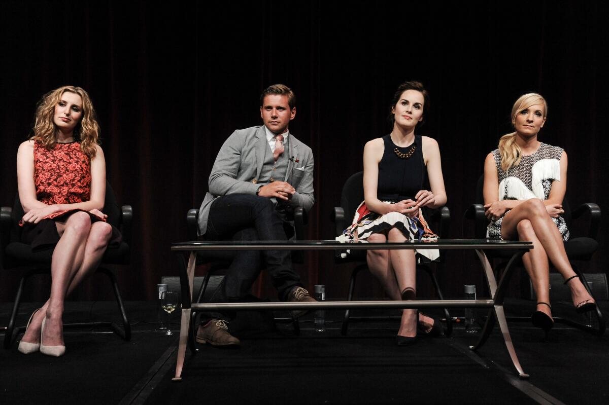 Laura Carmichael, Allen Leech, Michelle Dockery and Joanne Froggatt during the "Downton Abbey" panel at the the PBS 2014 Summer TCA held at the Beverly Hilton Hotel.