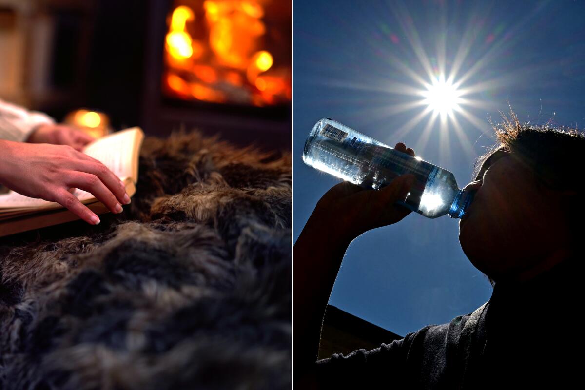 Paired images of a person reading a beside a fireplace and another chugging water beneath a blazing sun.