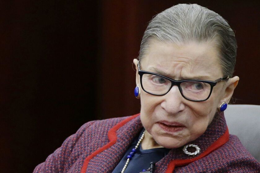 In this Jan. 30, 2018 photo, Supreme Court Justice Ruth Bader Ginsburg participates in a "fireside chat" in the Bruce M. Selya Appellate Courtroom at the Roger William University Law School in Bristol, R.I. Ginsburg is missing a brief court session while she recovers from a fall and three broken ribs. A Supreme Court spokeswoman says the 85-year-old justice continues to improve but is not joining her colleagues Tuesday morning when the court takes the bench briefly for routine business. The Supreme Court's oldest justice fell in her office at the court last Wednesday, went to a Washington hospital on Thursday and was released from the hospital on Friday.(AP Photo/Stephan Savoia)