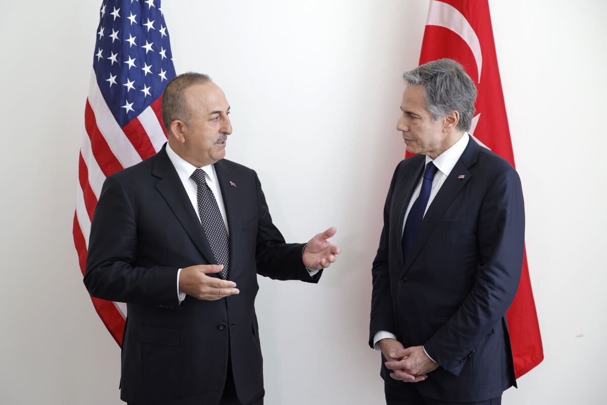 U.S. Secretary of State Antony Blinken meets with Turkish Foreign Minister Mevlut Cavusoglu at the United Nations Wednesday, May 18, 2022. (Eduardo Munoz/Pool via AP)