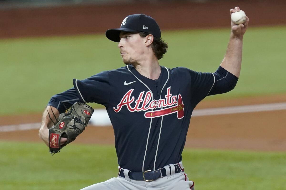 Atlanta Braves starting pitcher Max Fried throws against the Dodgers in Game 1 of the NLCS.