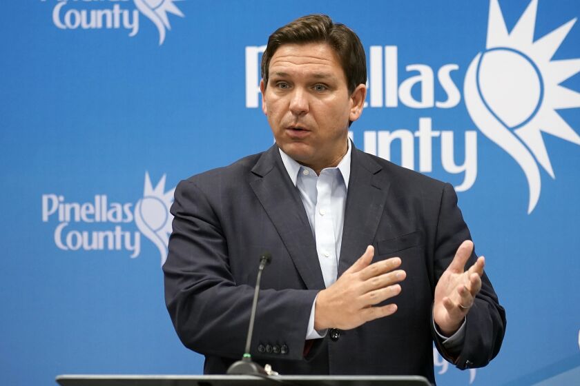 Florida Gov. Ron DeSantis speaks during a news conference at the Pinellas County Emergency Operations Center, Monday, Sept. 26, 2022, in Largo, Fla. DeSantis was updating residents of the path of Hurricane Ian. (AP Photo/Chris O'Meara)
