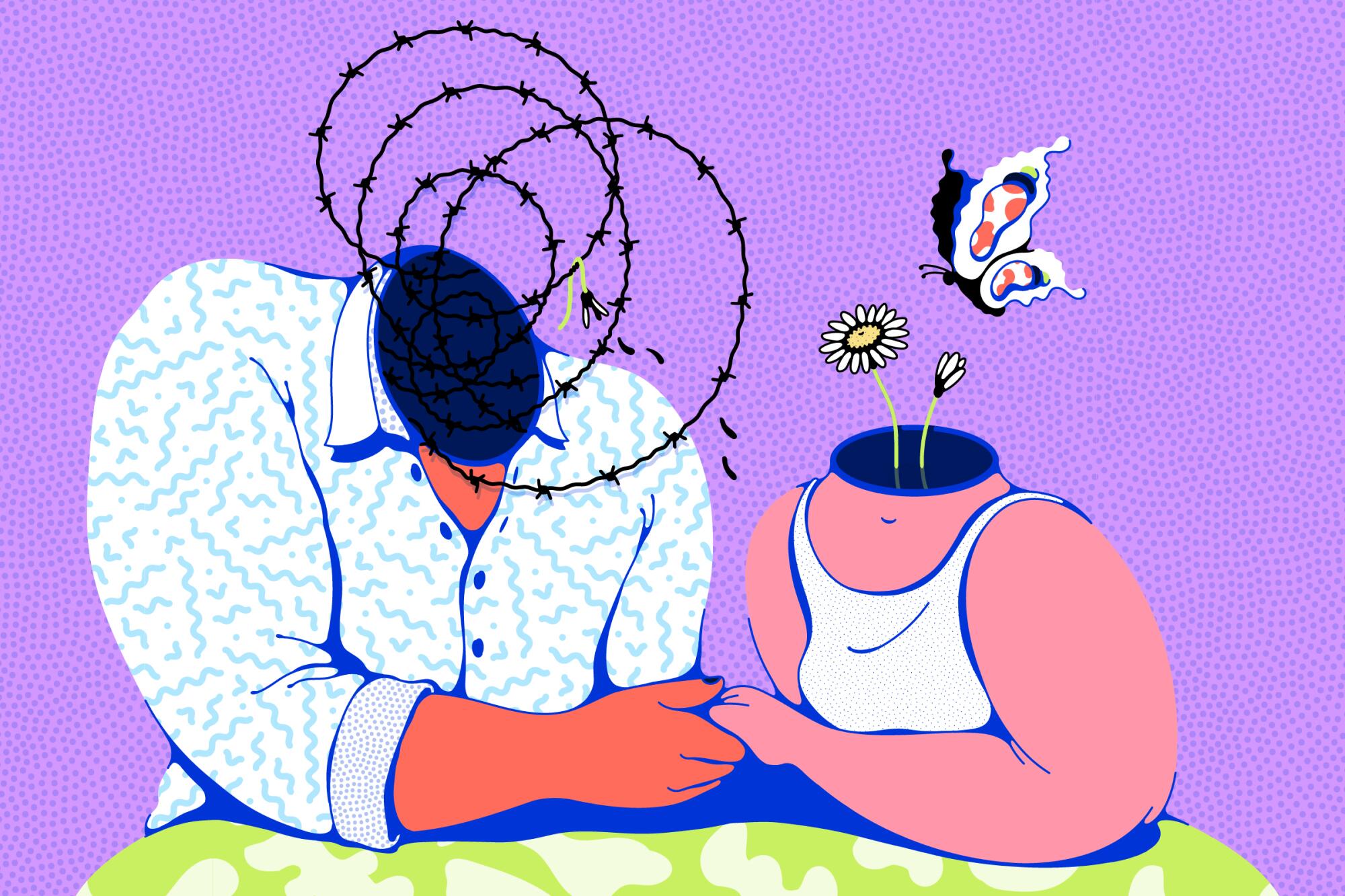 An illustration of a couple at a table with barbed wire for the man's head and flowers and a butterfly for the woman's head.