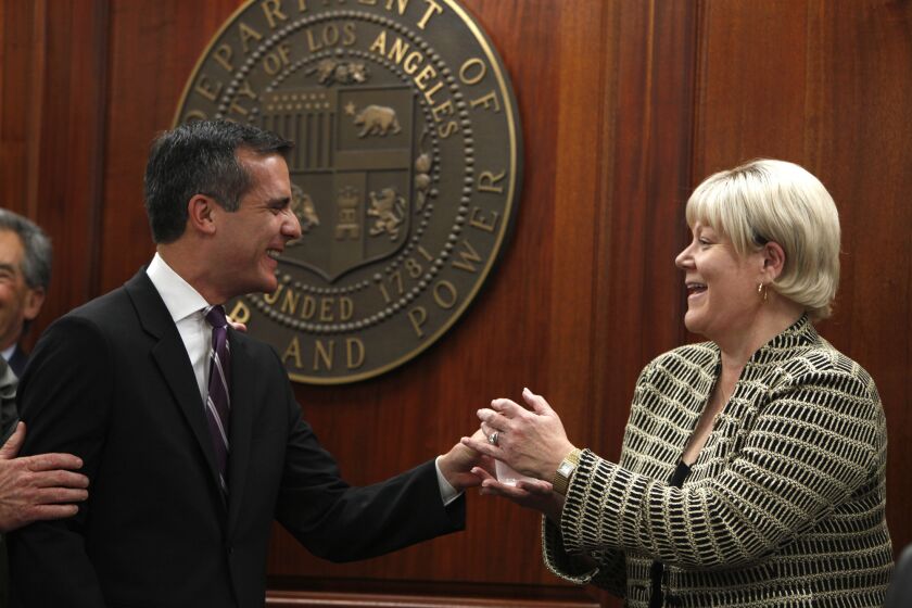 Los Angeles Mayor Eric Garcetti introduces Marcie Edwards, his choice to lead the DWP. Edwards worked for the DWP for more than two decades and is now Anaheim's city manager.