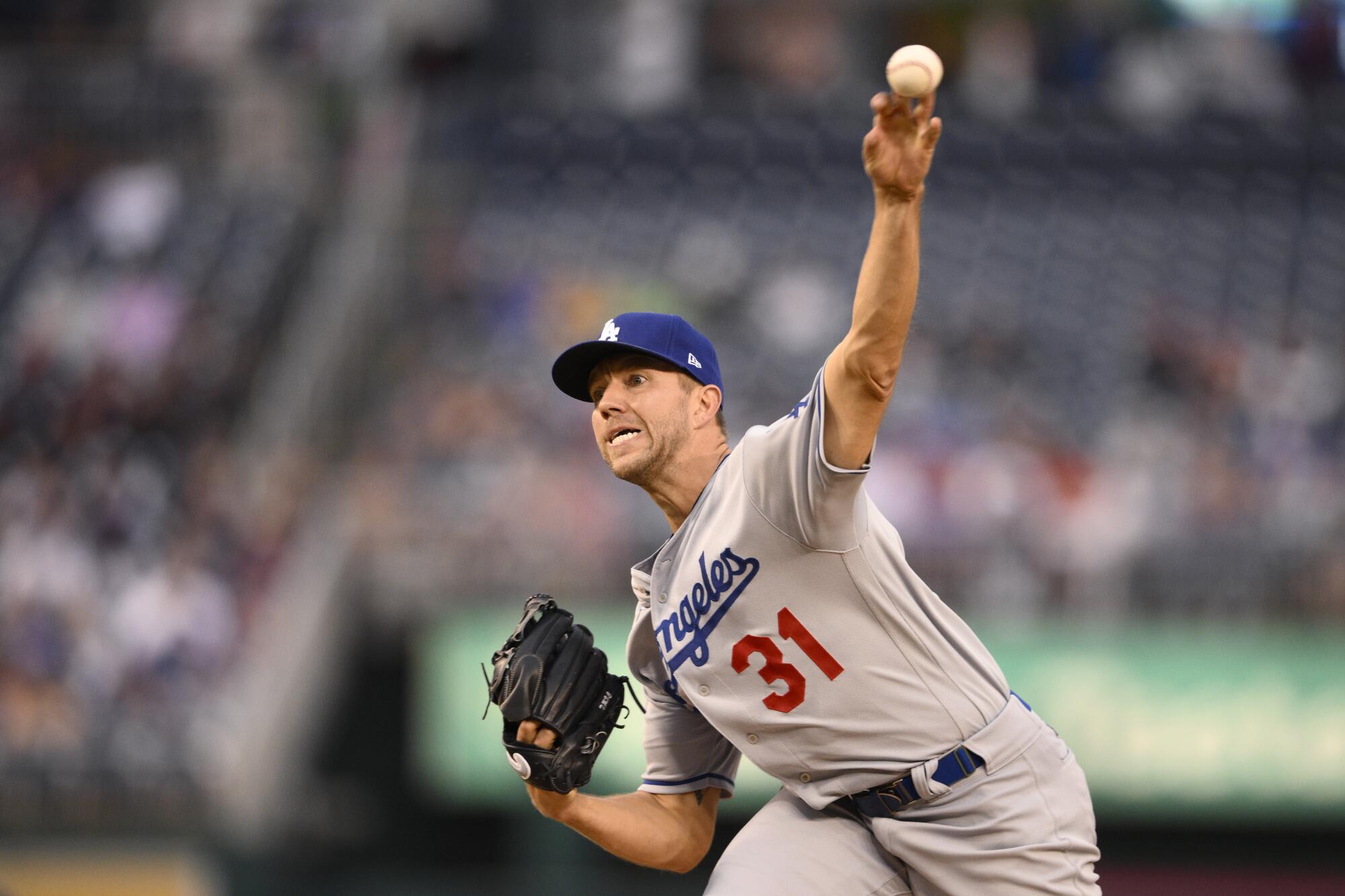 Dodgers starting pitcher Tyler Anderson throws during the first inning against the Washington Nationals.