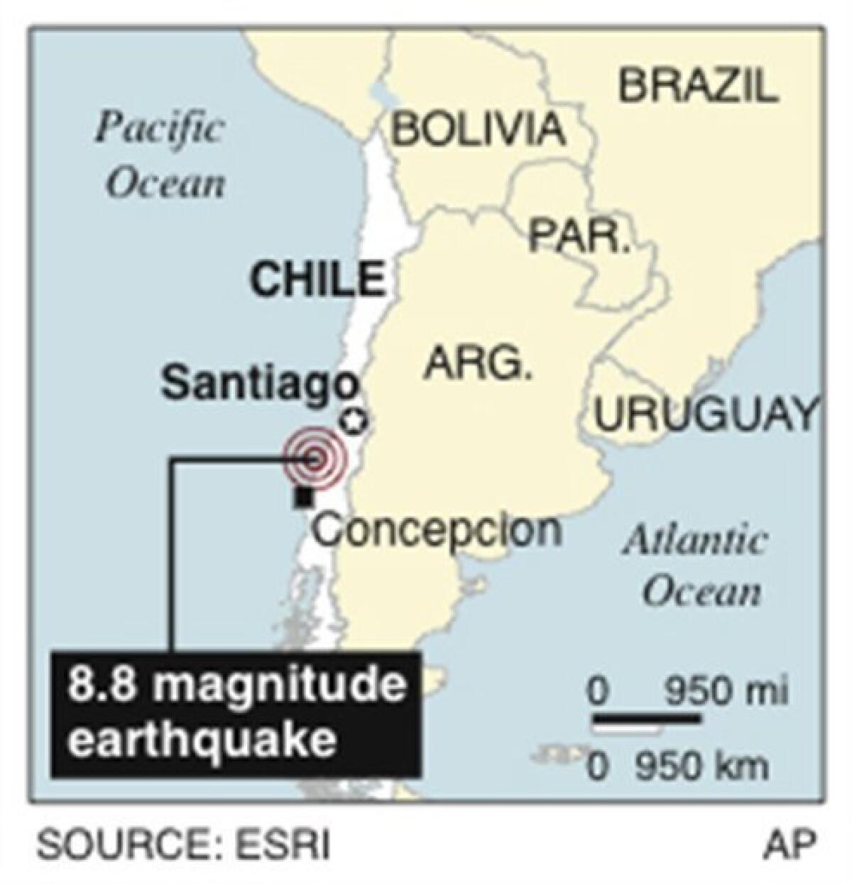 CORRECTS LOCATION; map locates offshore epicenter in, Chile, where an earthquake has struck