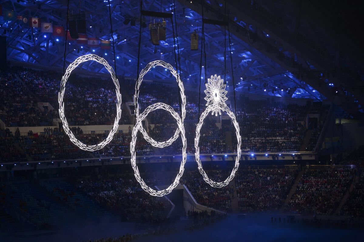 The illuminated Olympic Rings appear during the Opening Ceremony of the Sochi Olympic Games.