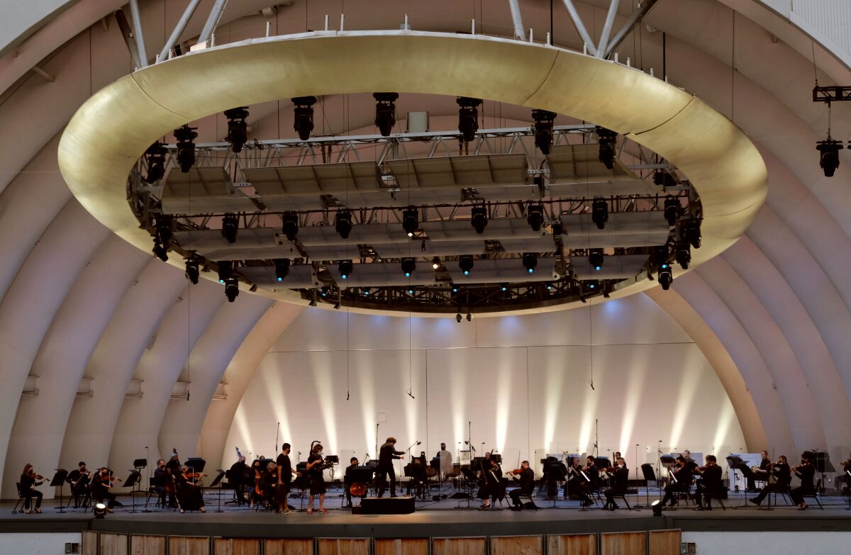 Gustavo Dudamel rehearses the LA Phil for "Sound/Stage" at the Hollywood Bowl. 
