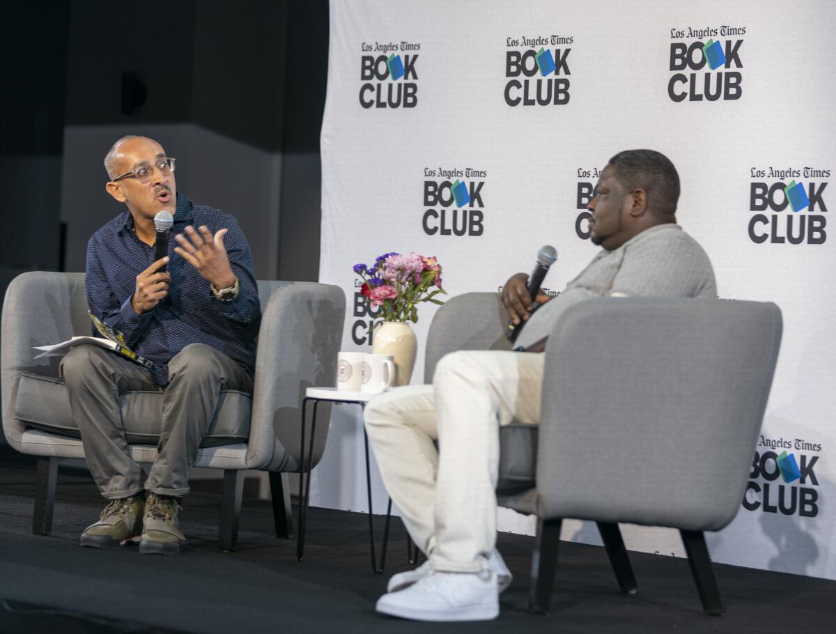 Keith Corbin, right, discusses "California Soul" with Times Food editor Daniel Hernandez at the L.A. Times Book Club.