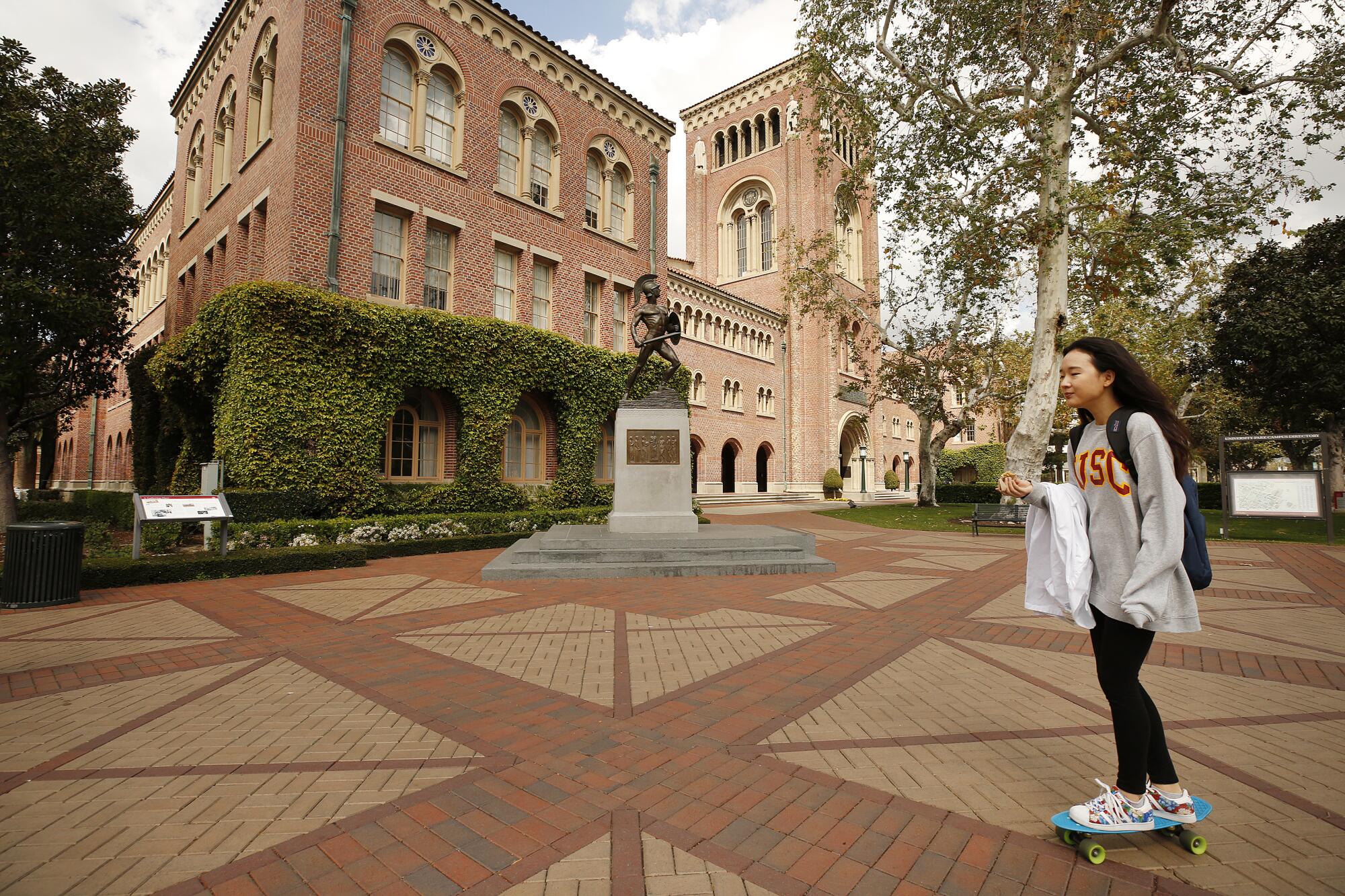The USC campus near downtown Los Angeles was quiet Wednesday as classes are being held online for the first day