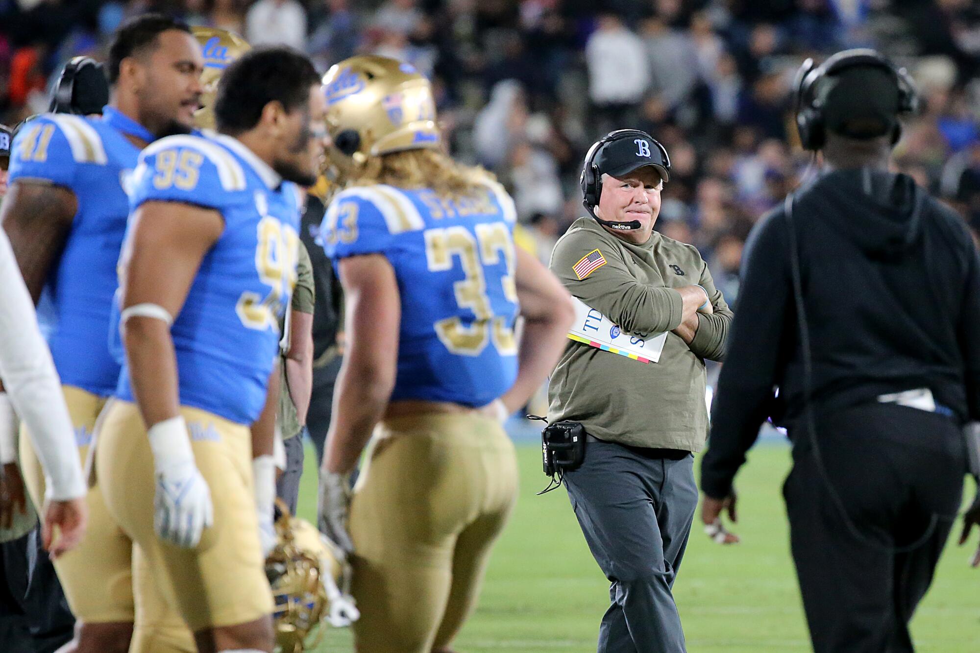 UCLA coach Chip Kelly reacts on the sideline after the Bruins fail to score on fourth down from the Arizona State.