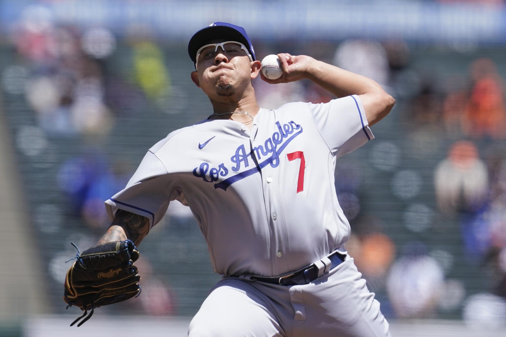 Los Angeles Dodgers' Julio Urias pitches against the San Francisco Giants during the first inning.