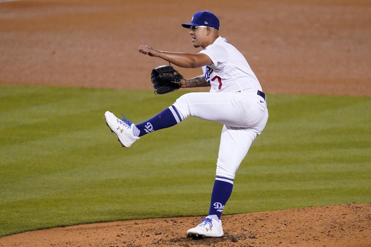 Dodgers starting pitcher Julio Urías in action