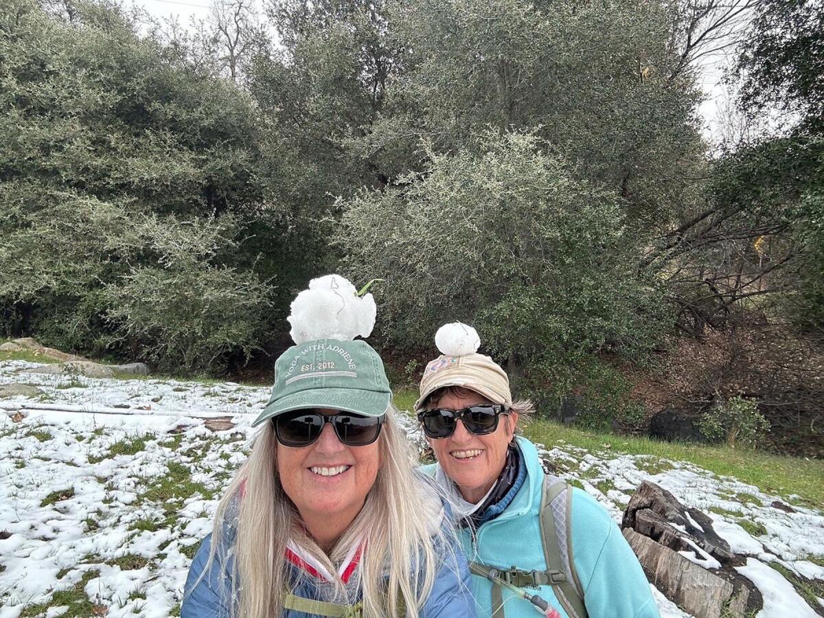 Trish Johnson, left, and Anna Tink on the Santa Ysabel East hiking trail in December 2022.