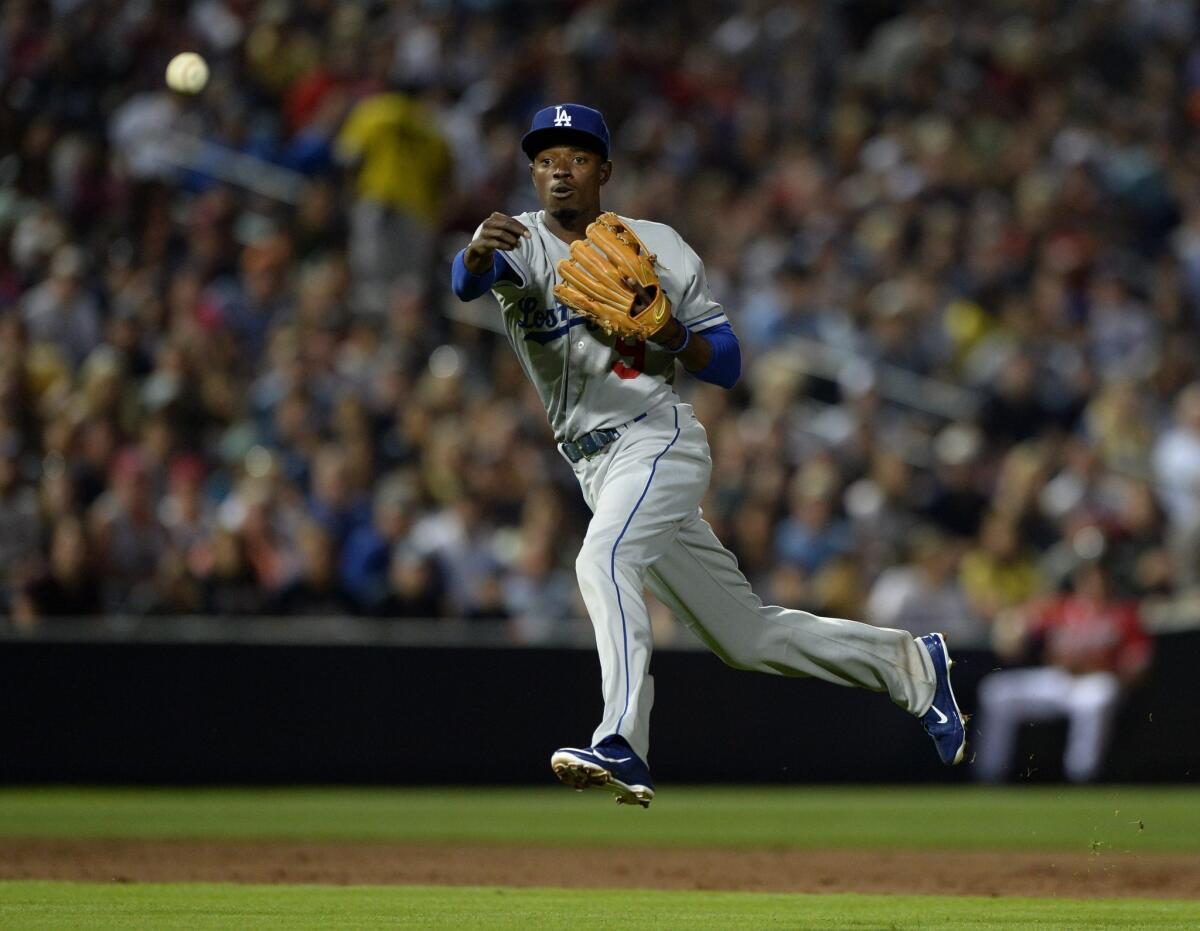 Shortstop Dee Gordon is one of the players working out in center field for the injury-depleted Dodgers.