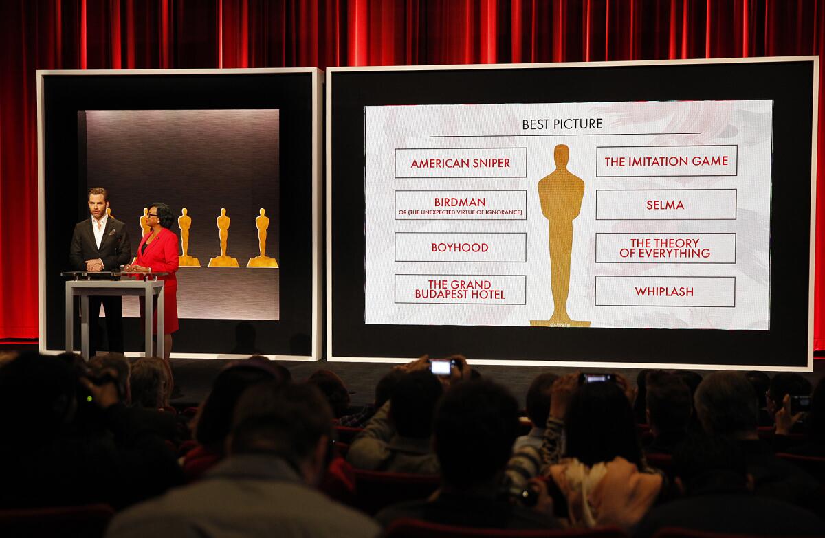 Actor Chris Pine and Academy President Cheryl Boone Isaacs announce the best picture Oscar nominations Jan. 15 in Beverly Hills. Judge the nominees by their box office performance, and "American Sniper" is the clear winner, with "The Imitation Game" a distant second.