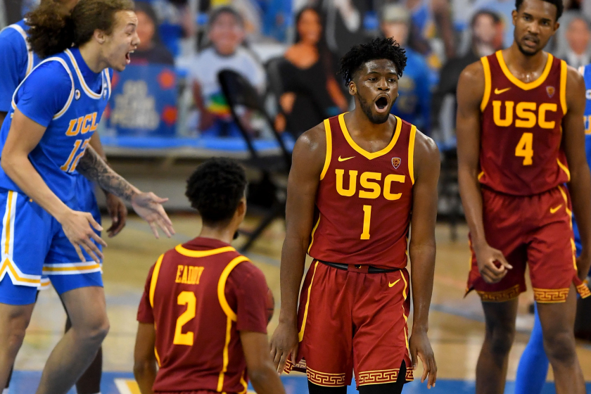 USC's Chevez Goodwin (1) reacts after making a basket in the second half against UCLA on March 6, 2021.