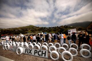 MALIBU, CA - MAY 8, 2024 - The California State Transportation Agency, California Department of Transportation, California Highway Patrol, California Office of Traffic Safety and other state, local and public safety officials hold a news conference to announce the "Go Safely PCH" education campaign at the Ghost Tire Memorial along Pacific Coast Highway in Malibu on May 8, 2024. The campaign is to help inform the public about the need to slow down along the Pacific Coast Highway (PCH, State Route 1) through Malibu and share specific actions being taken at the state and local level to reduce deaths and serious injuries on PCH and make the corridor safer for pedestrians, bicyclists and motorists. Specific measures include millions of dollars prioritized for infrastructure safety upgrades, increased traffic safety enforcement, and educational outreach to promote safe driving behaviors when visiting the vital 21-mile corridor (Genaro Molina/Los Angeles Times)