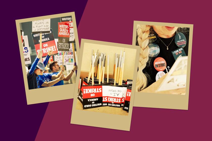 Polaroid-style collage of WGA members on the picket line, upside-down picket signs, and a person wearing WGA and SAG-AFTRA buttons.