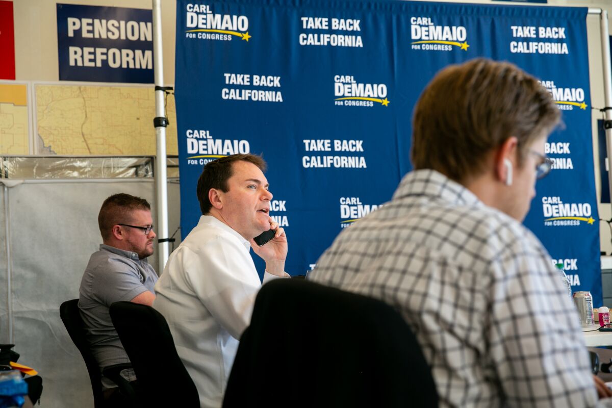 Carl DeMaio, a candidate for Congress in California's 50th Congressional District, calls undecided voters at his campaign headquarters on March 3, 2020 in Escondido, California.