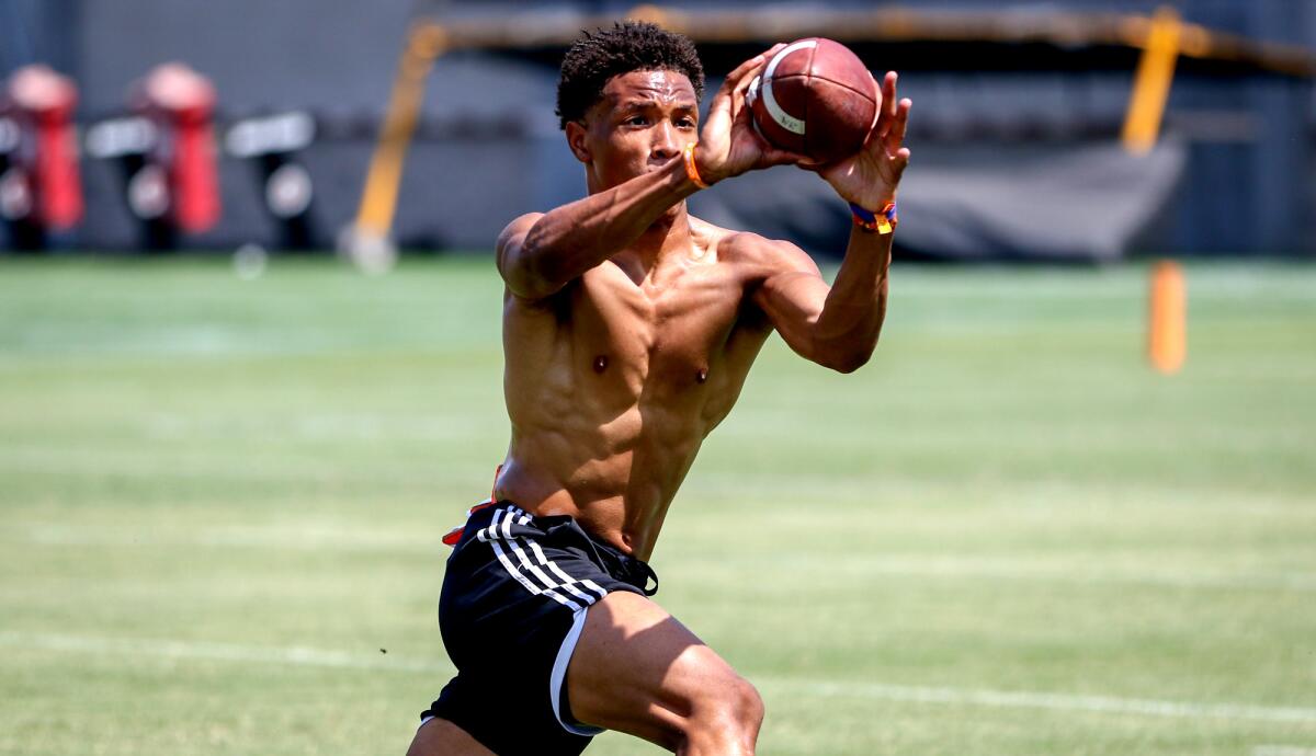 Rancho Cucamonga wide receiver Jayden Dixon-Veal catches a pass during a USC summer camp on June 12. 