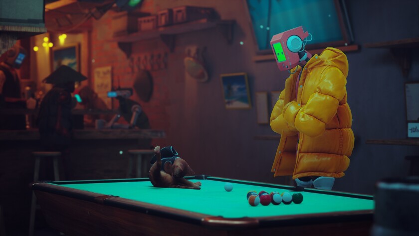A cat cleans itself on a pool table as a robot watches on.