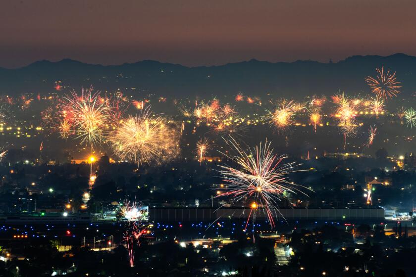 BURBANK, CA - JULY 04: Fireworks over North Hollywood, as seen from Burbank on Saturday, July 4, 2020 in Burbank, CA. (Kent Nishimura / Los Angeles Times)