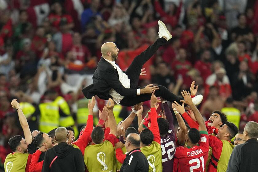 Morocco coach Walid Regragui is thrown in the air by players celebrating a World Cup win over Spain