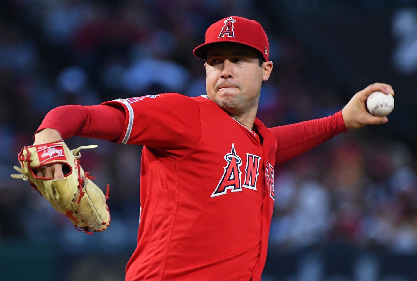 Tyler Skaggs of the Angels pitches in Angel Stadium in Anaheim.