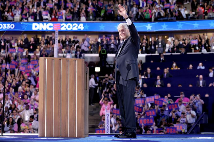 DNC CHICAGO, IL AUGUST 21, 2024 - Former President Bill Clinton on stage during the Democratic National Convention Wednesday, Aug. 21, 2024, in Chicago. (Robert Gauthier/Los Angeles Times)