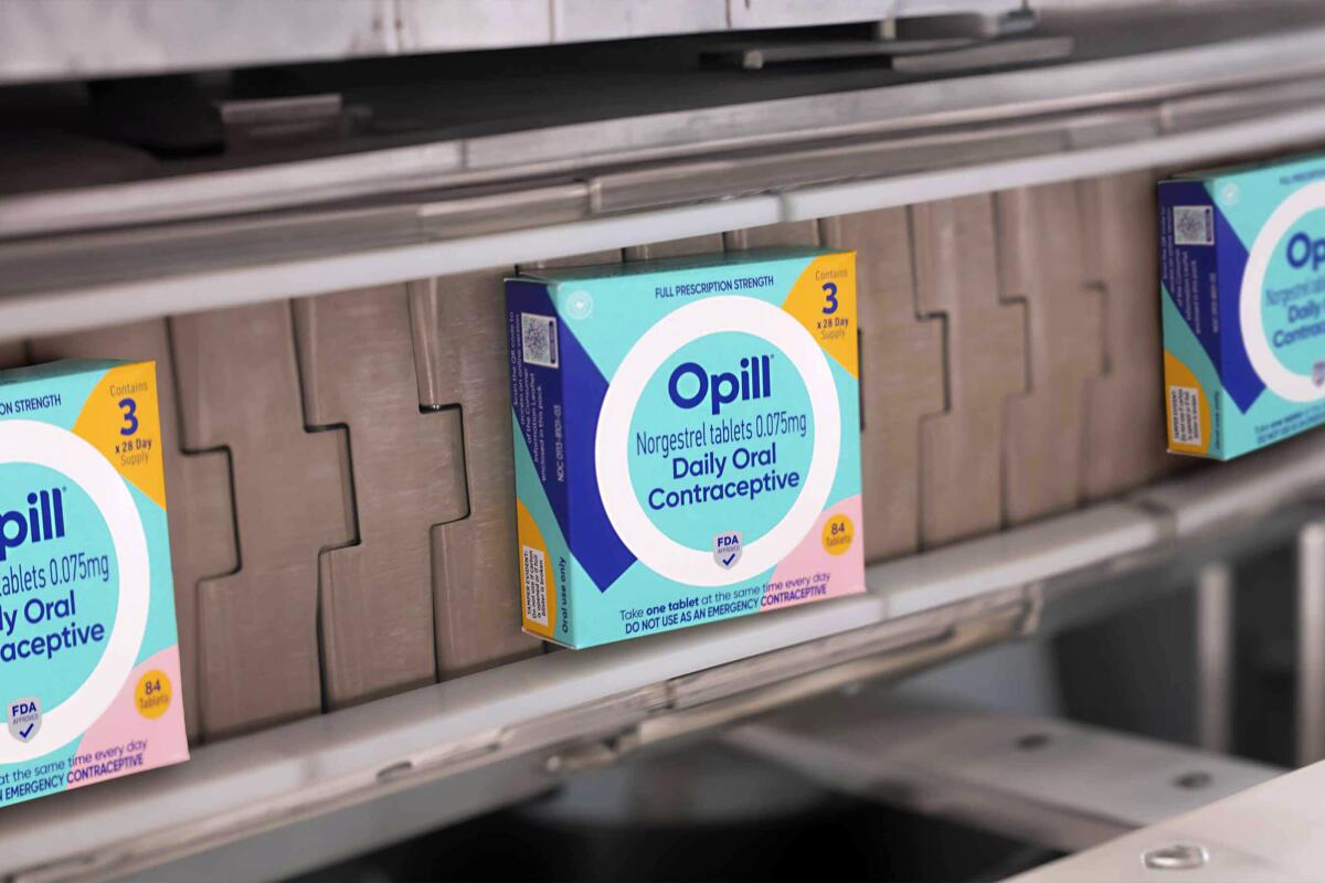 Boxes of Opill, the first over-the-counter birth control pill.