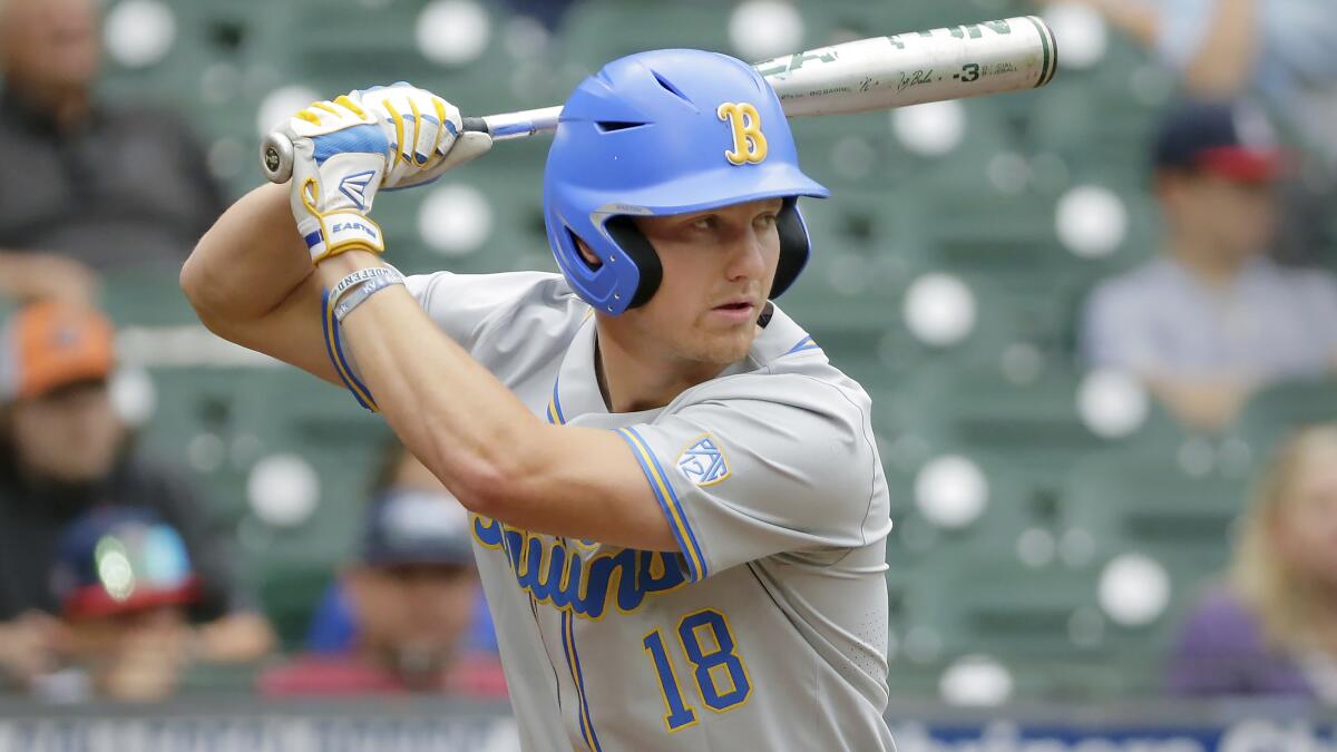 UCLA's Carson Yates bats during an NCAA baseball game against Baylor.