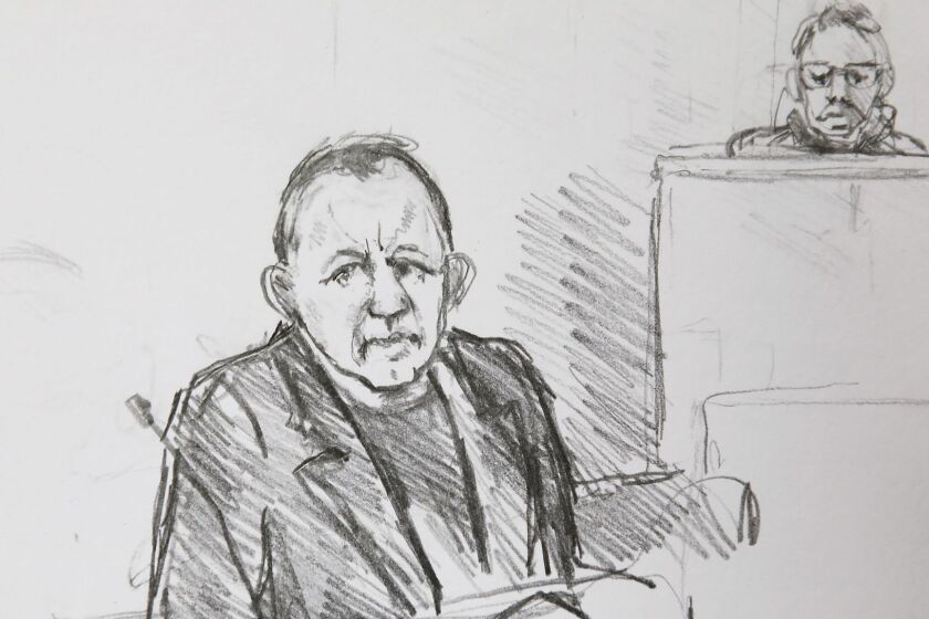 A courtroom sketch shows Peter Madsen during the trial regarding the killing of Swedish journalist Kim Wall in Copenhagen, Denmark, Wednesday, April 25, 2018. Danish inventor Peter Madsen has been sentenced to life in prison for torturing and murdering Swedish journalist Kim Wall on his private submarine. Judge Anette Burkoe at the Copenhagen City Court said she and the two jurors agreed Wall's death was a murder, saying Madsen didn't given "a trustworthy" explanation. (Anne Gyrithe Sch'tt/Ritzau Scanpix via AP)