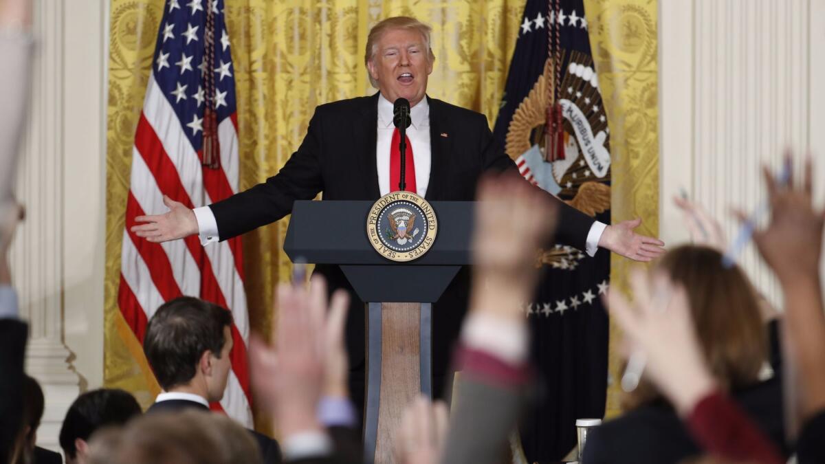 President Donald Trump speaks during a news conference in the East Room of the White House in Washington on Feb. 16.