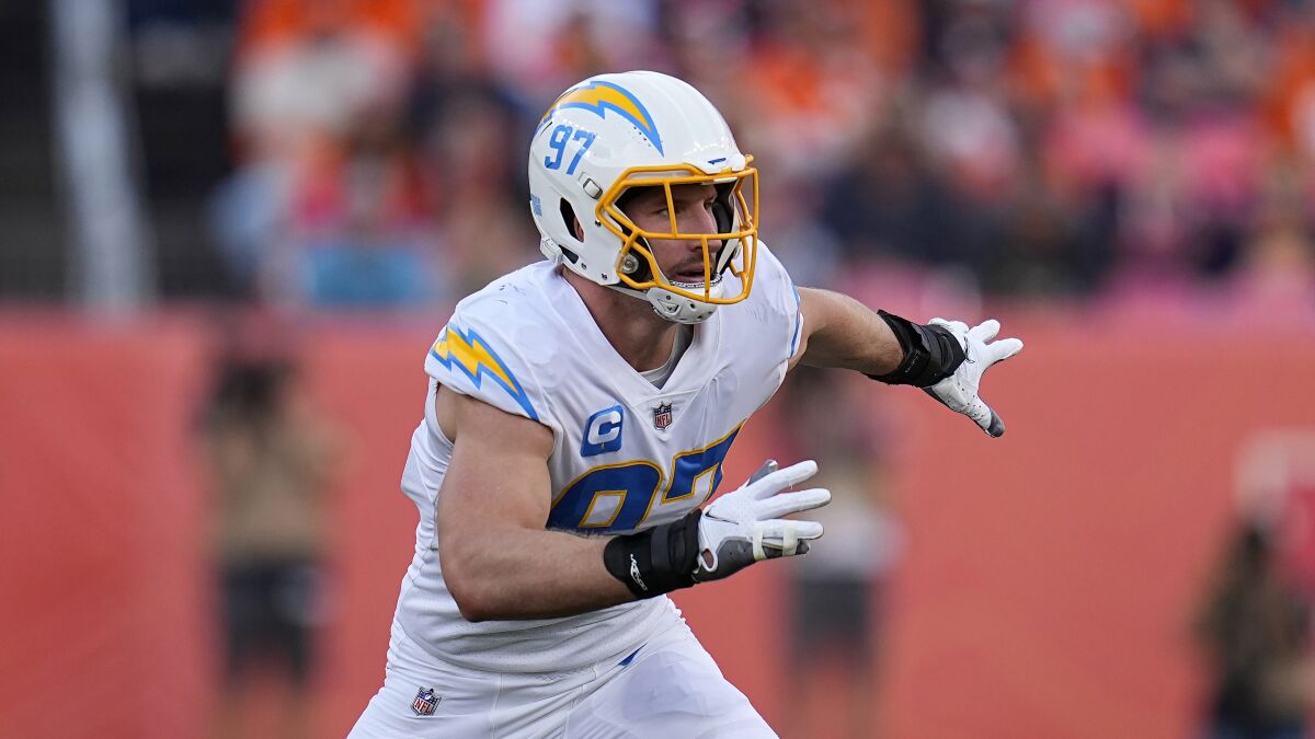 Chargers defensive end Joey Bosa follows a play against the Denver Broncos on Nov. 28.