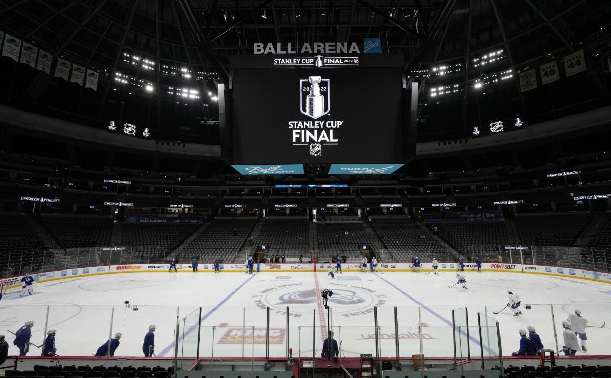 Tampa Bay Lightning players practice at Ball Arena in Denver.