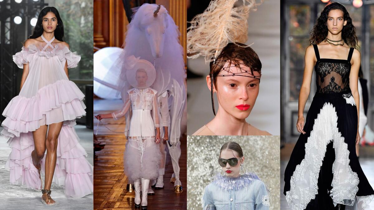 Looks from Paris Fashion Week, from left: Alexander Mcqueen; Thom Browne; Maison Margiela (top); Chanel (bottom); and Givenchy.