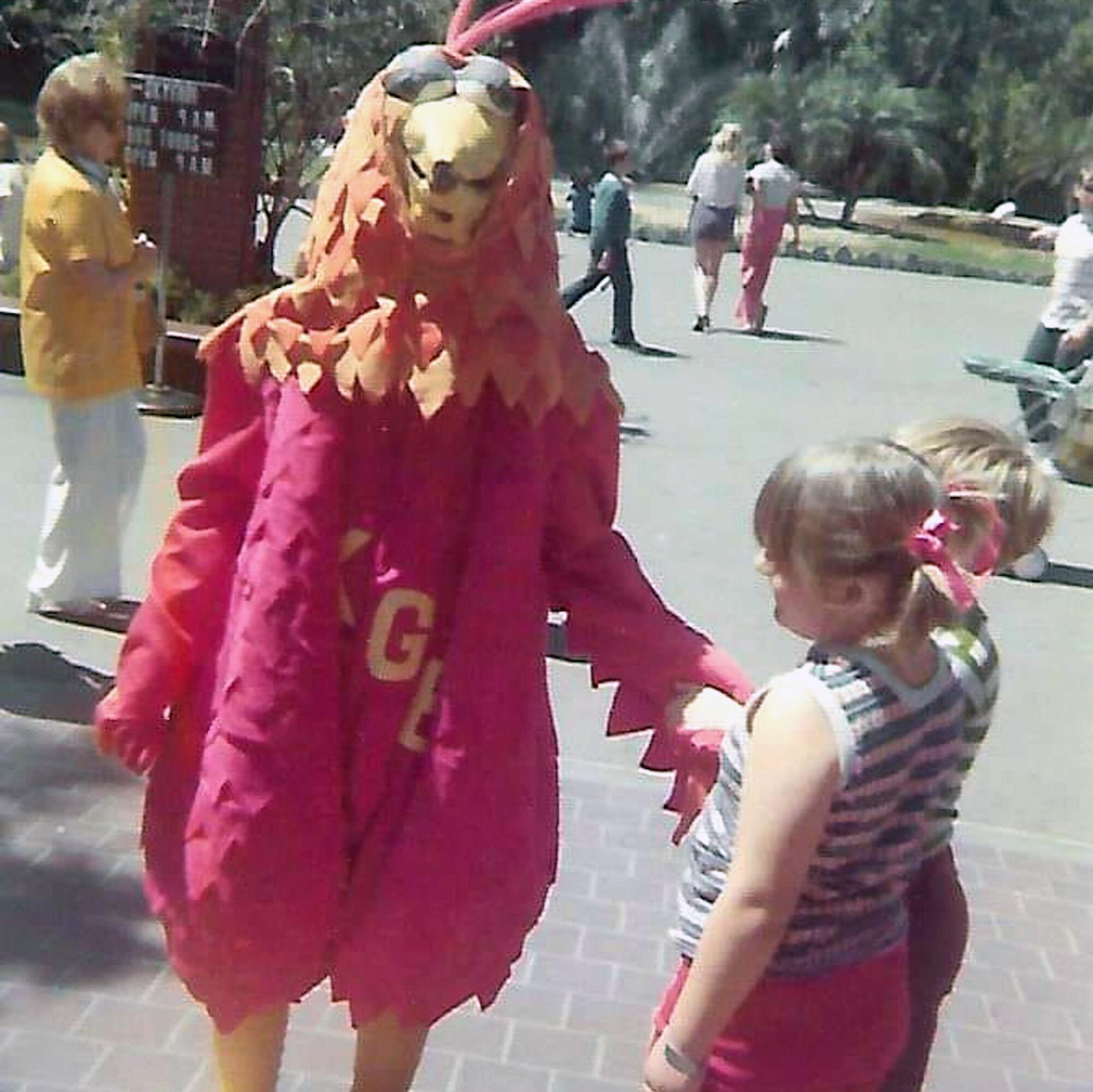 Ted Giannoulas appearing at the San Diego Zoo for the first time as the KGB Chicken.