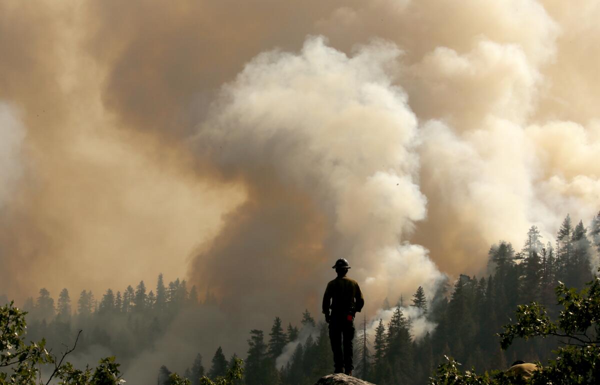 A firefighter looks out at smoke rising from a wooded ridge.
