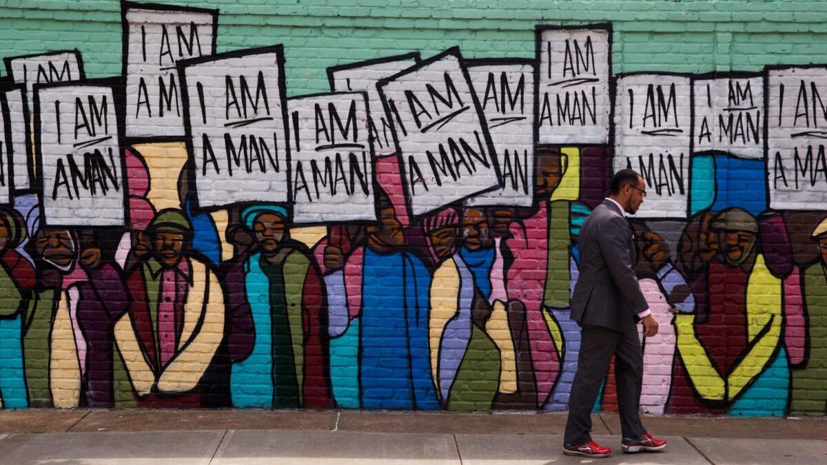 A wall near the Lorraine Motel and National Civil Rights Museum in Memphis, Tenn.