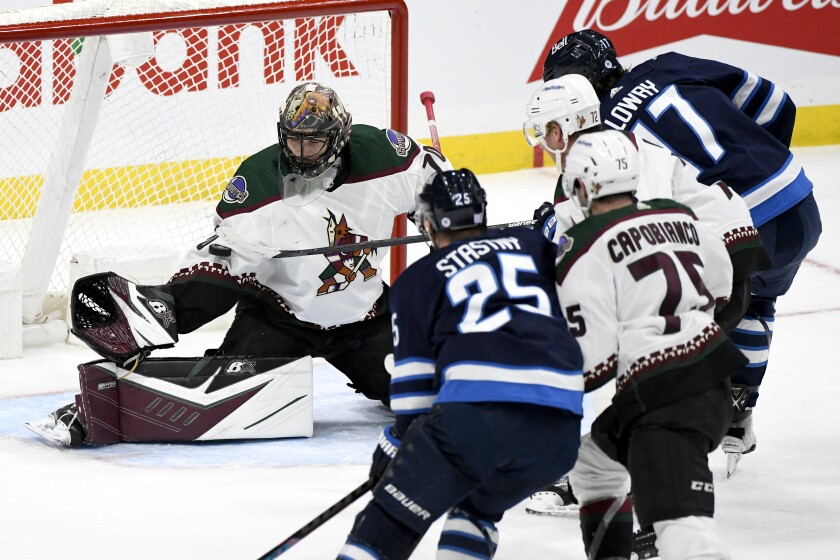 Arizona Coyotes goaltender Karel Vejmelka (70) makes a save against Winnipeg Jets' Adam Lowry (17) during the first period of NHL hockey game action in Winnipeg, Manitoba, Monday, Nov. 29, 2021. (Fred Greenslade/The Canadian Press via AP)
