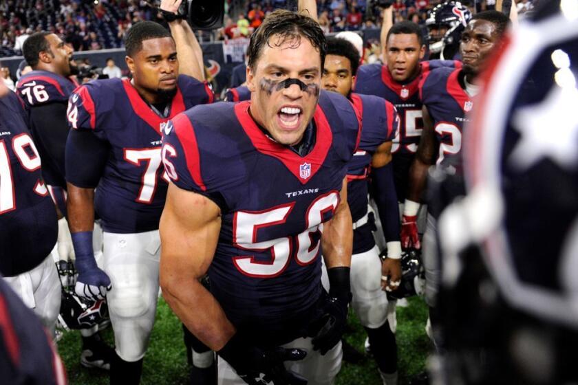 FILE - In this Saturday, Dec. 24, 2016 file photo, Houston Texans inside linebacker Brian Cushing (56) encourages his teammates before an NFL football game against the Cincinnati Bengals in Houston. Houston Texans linebacker Brian Cushing has been suspended for 10 games by the NFL for violating the league's performance enhancers policy, Wednesday, Sept. 13, 2017. It's the second time Cushing has been suspended; he missed four games in 2010 under the same policy. (AP Photo/Eric Christian Smith, File)